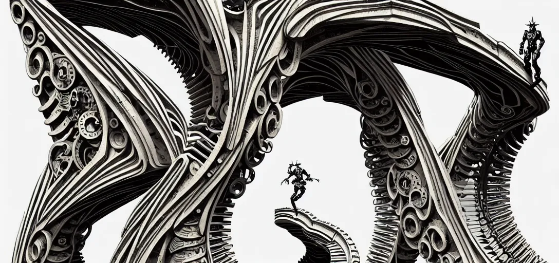 Image similar to a double helix dna cyberpunk steampunk marble carved archway, high details, lineart, by vincent di fate and joe fenton, inking, screen print, masterpiece, trending on artstation, sharp, high contrast, hyper - detailed,, hd, 4 k, 8 k