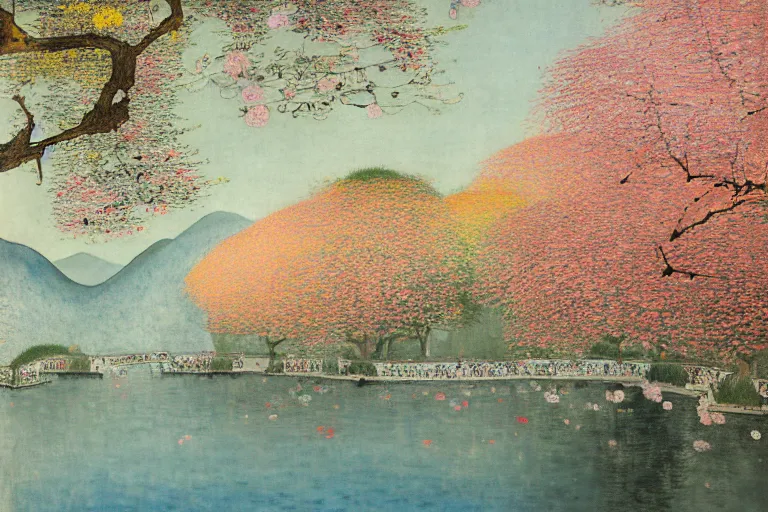 Image similar to an ultradetailed landscape painting of westlake in china hangzhou, may flowers blossoms nearby, autumn wind, chinese water color, smooth, sharp focus, illustration, by hilma af klint, 8 k