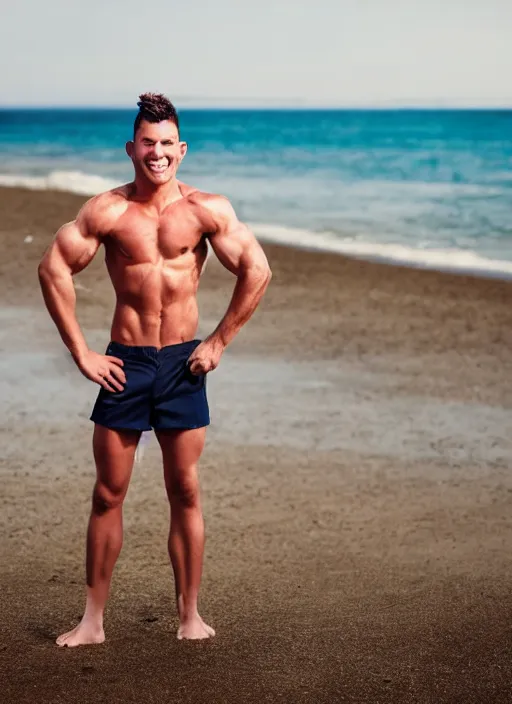 Image similar to professional photo of person looking like bart simpson, he's muscular and confident, on the beach at noonday, blur background, high details, original simpsons cartoon style
