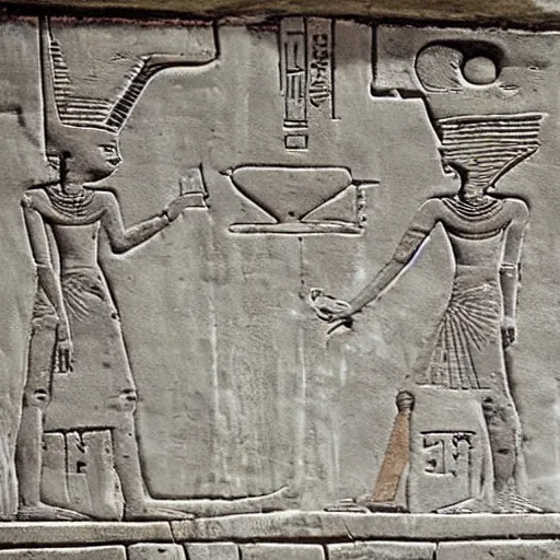 Prompt: gray aliens on a ancient egypt wall