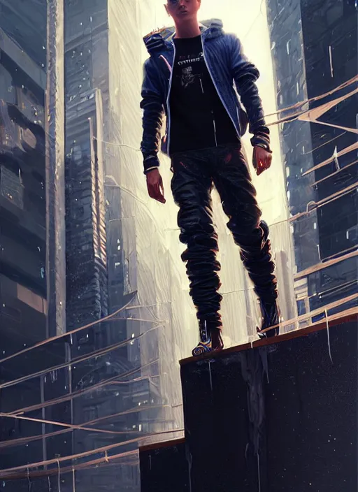Image similar to photo of cyberpunk blonde male teenager walking on water in the style of stefan kostic, realistic, sharp focus, 8 k high definition, insanely detailed, intricate, elegant, art by stanley lau and artgerm