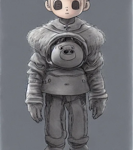 Image similar to attractive little boy wearing an cyborg bear suit, artwork in kentaro miura and made in abyss, inspired in astroboy smooth, beautiful lightness, anatomically correct, trending on pixiv, fascist composition, realistic