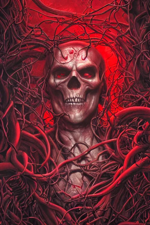 Image similar to realistic portrait beautiful detailed matte painting of cinematic movie scene a bleeding red skull, tentacles, black and red, thorns, vines, horror, created by gustave dore and greg rutkowski, high detailed, smooth draw, synthwave neon retro, intricate, realistic proportions, dramatic lighting, trending on artstation.