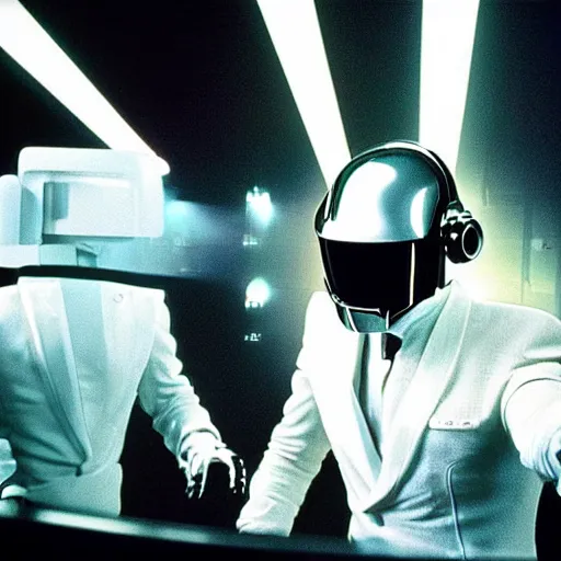 Image similar to “behind the scenes still of Daft Punk guest appearance in Tron (1985). Award winning Photo.”