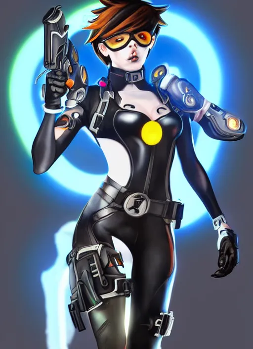 Prompt: full body digital artwork of tracer overwatch, wearing black iridescent rainbow latex, 4 k, expressive happy smug expression, makeup, in style of mark arian, wearing detailed black leather collar, wearing sleek armor, black leather harness, expressive detailed face and eyes,