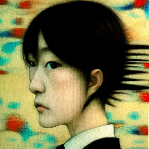 Image similar to yoshitaka amano blurred and dreamy realistic three quarter angle portrait of a young woman with short hair and black eyes wearing office suit with tie, junji ito abstract patterns in the background, satoshi kon anime, noisy film grain effect, highly detailed, renaissance oil painting, weird portrait angle, blurred lost edges