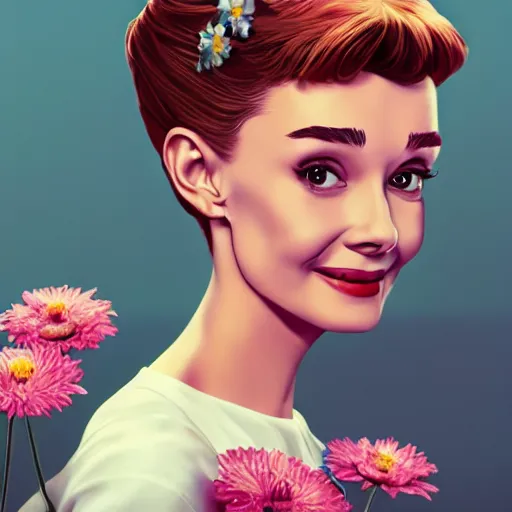 Image similar to portrait of audrey hepburn smiling with flowers in hands. sharp focus, cinematic pose, cinematic lighting, unreal engine render. art by josan gonzales and moebius and deathburger.