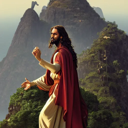 Image similar to an extremely detailed sculpture of a ridiculously good looking jesus that is posed like the buddy christ, long curly hair, elegant ancient greek dress, very detailed, standing on a mountain over rio de janeiro, beautiful, intricate, cinematic, artstation, william bouguereau, alphonse mucha, greg rutkowski, rossdraws, octane render