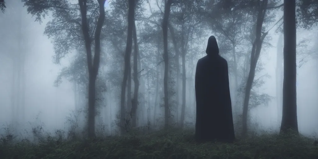 Prompt: a close shot of a grim reaper standing in a forest by studio ghibli, detailed, mythical, mist, depressing, tired, dark, lush, nature, mist, mystery, glows, somber, dismal, fog, heavy fog, dark lighting, glow, ambient light, cybernetic, sci-fi,