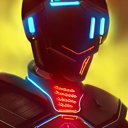 Image similar to Cowboy wearing an armor from the movie Tron Legacy, full body, synthwave background, digital painting, detailed, artstation, high quality, hyperrealism