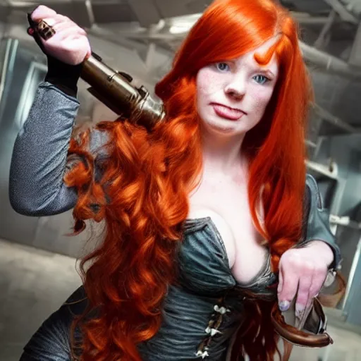 Prompt: redhead steampunk scientist's body is accidentally inflated by experiment gone wrong.