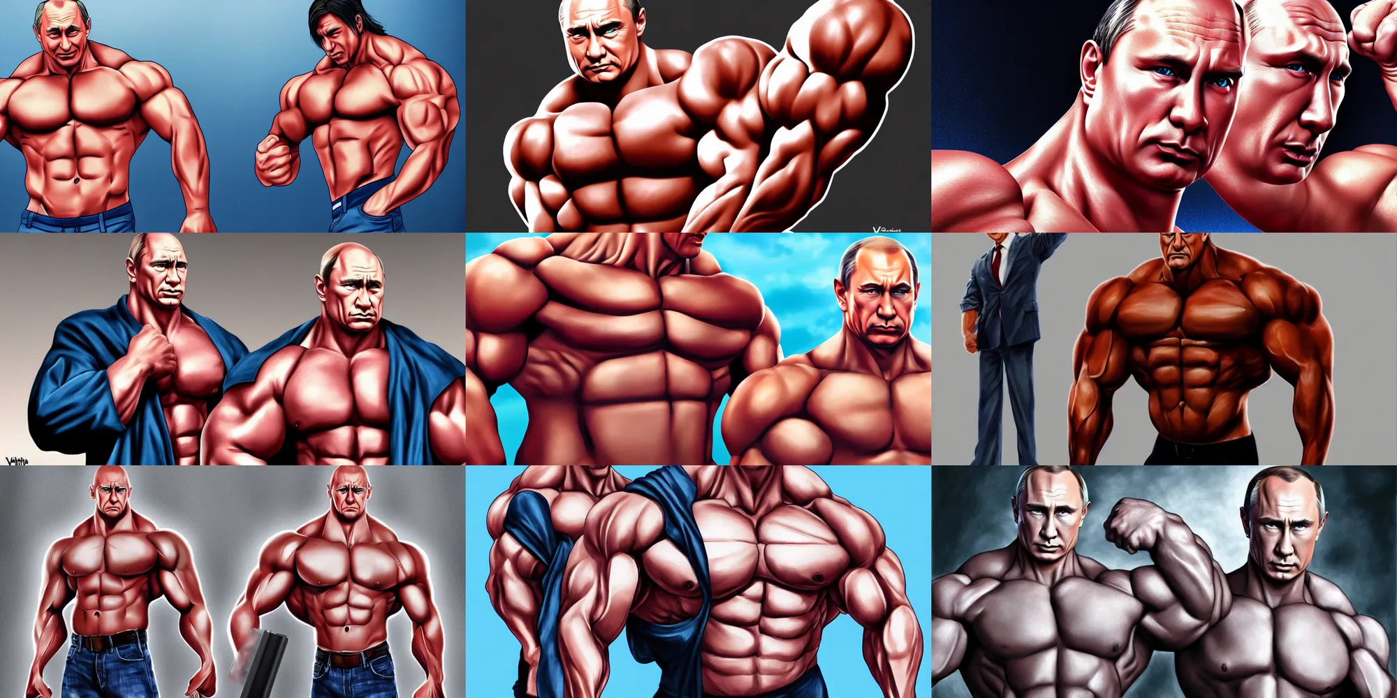 Prompt: vato vladimir putin, big muscles, anime, illustration, hyper realistic