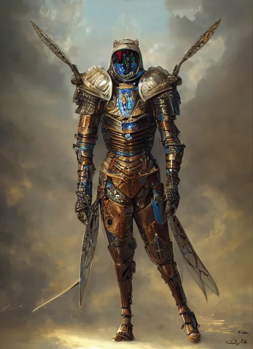 Prompt: formal portrait of a humanoid locust warrior wearing plate armor with blue embroidered cloak, long antennae, fantasy, digital art by eugene de blaas, ross tran, and nasreddine dinet, vibrant color scheme, intricately detailed, in the style of romanticism, cinematic, artstation, greg rutkowski