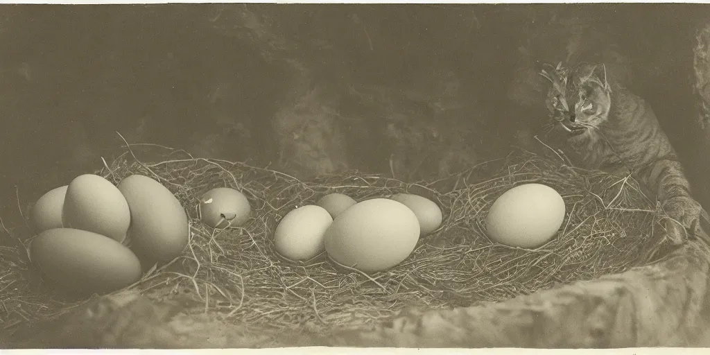 Prompt: very large cat guarding it's eggs, giant nest. Tiny business men. strange, photograph, 1850s