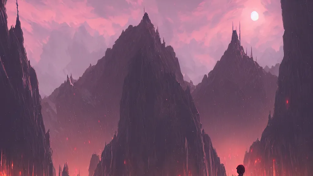 Prompt: landscape of mordor, huge fort, dark colors, ambient lighting, dynamic lighting, official media, anime key visual, makoto shinkai, ilya kuvshinov, lois van baarle, rossdraws, detailed, trending on artstation.