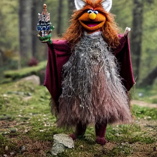 Prompt: photorealistic real life foxfolk wizard druid as a lovable fluffy muppet plush wearing a very ornate moon themed elven cloak hand sewn by a professional elven seamstress and also a dark tattered cape, photography, national geographic, sesame street