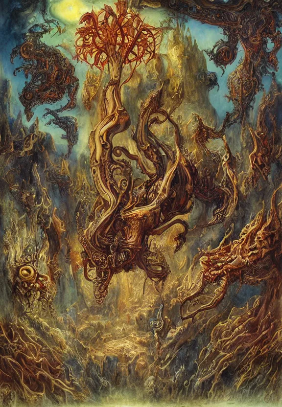 Image similar to colorful muscular eldritch demons radiating town fractal, by h. r. giger and esao andrews and maria sibylla merian eugene delacroix, gustave dore, thomas moran, pop art, chiaroscuro, biopunk, art nouveau