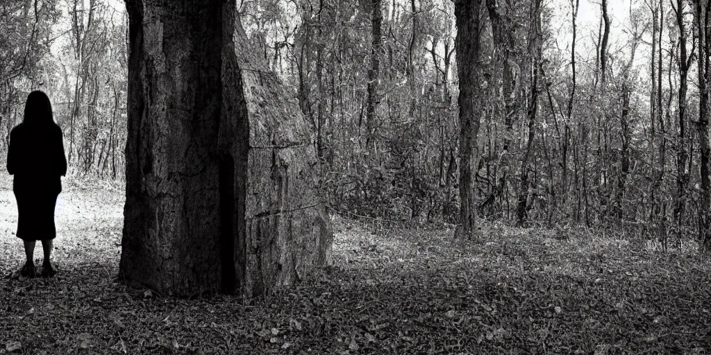 Image similar to Blair witch project, woman standing in a corner maybe facing you, high ISO, shadows