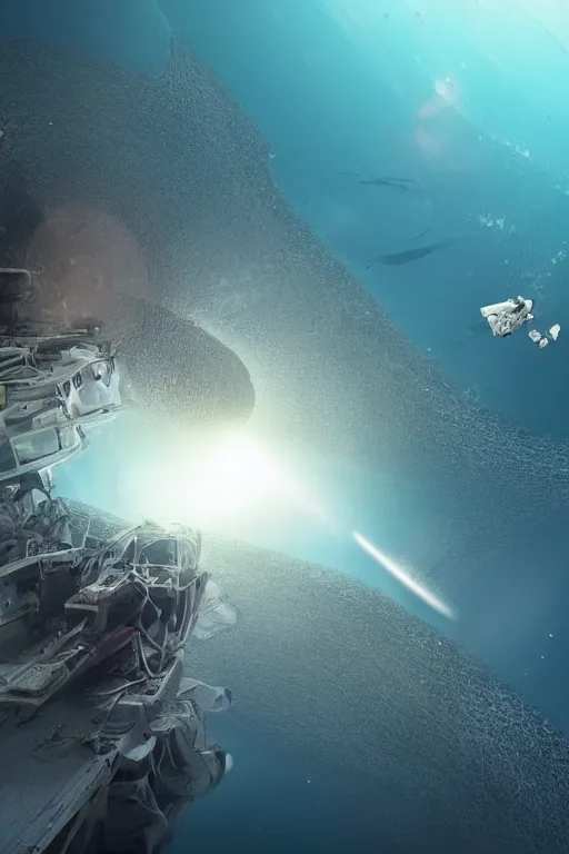 Prompt: a shallow ocean at the bottom of which is a spaceship, behind which is a 300-meter wave, and people in spacesuits are studying the wreckage of another ship, photorealistic