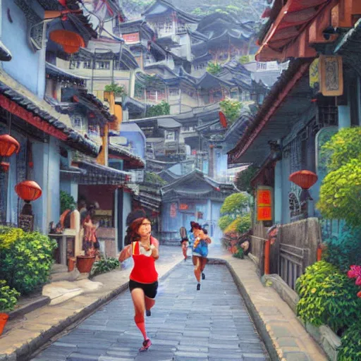 Prompt: a woman running in jiufen taiwan, an oil painting by ross tran and thomas kincade, studio ghibli