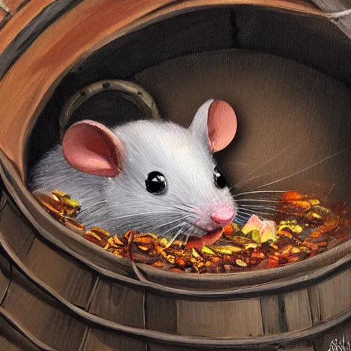 Prompt: a single cute mouse in a barrel, hyperdetailed, oil painting
