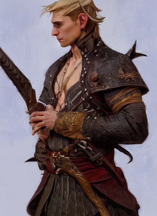 Prompt: medium-length portrait of a male half-elf warrior with an undercut and brown eyes, fair skin, cocky expression, wears a fancy pirate coat with no undershirt, medieval setting, highly detailed, digital painting, artstation, concept art, sharp focus, illustration, art by greg rutkowski and alphonse mucha