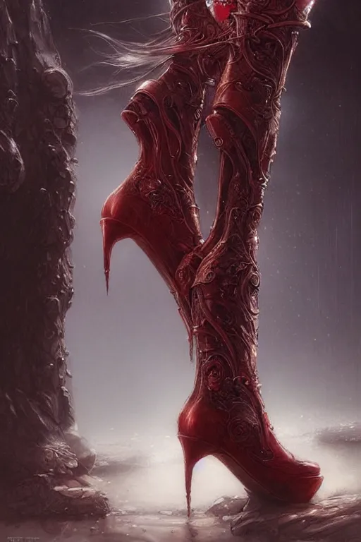 Image similar to red women's boots, by wlop, by luis royo, by peter mohrbacher, concept art, digital illustration, intricate, masterpiece, elegant, super detailed, unreal engine rendering, smooth, sharp focus, artstation hq