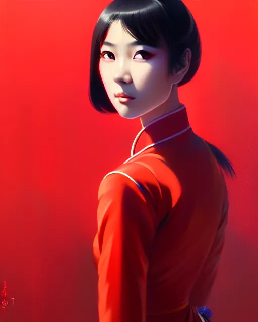 Image similar to a ultradetailed beautiful panting of a asian female wearing red ao dai and futuristic eye google, by ilya kuvshinov, greg rutkowski and makoto shinkai, trending on artstation