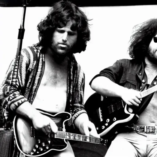 Prompt: Jim Morrison and Thundercat playing music together on stage at Woodstock