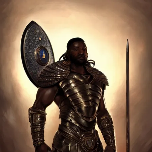 Image similar to a muscular african warrior with cyberkenetic armor standing in a heroic pose holding a shield, ultra realistic, concept art, intricate details, eerie, horror, highly detailed, photorealistic, octane render, 8 k, unreal engine. art by artgerm and greg rutkowski and alphonse mucha