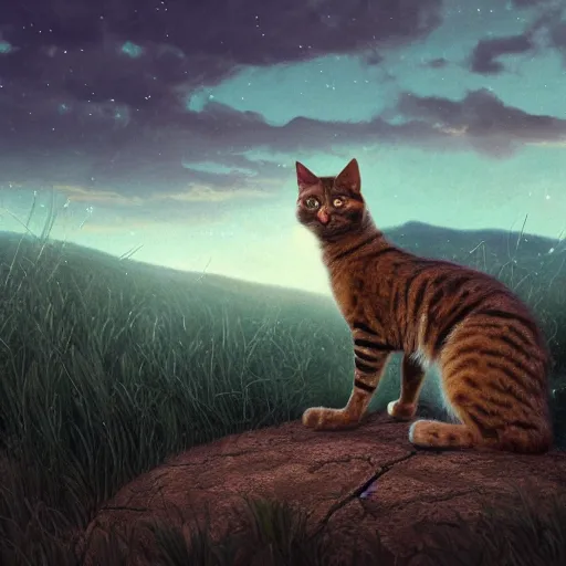 Image similar to cinematic shot of a stray cat who is brown standing on a hill looking to the horizon sunset stars digital painting, artstation, concept art, soft light, hdri, smooth, sharp focus, illustration, fantasy, intricate, elegant, highly detailed, D&D, matte painting, in the style of Greg Rutkowski and Alphonse Mucha and artemisia, 8k, highly detailed, jurgens, rutkowski, bouguereau, pastoral, rustic, georgic