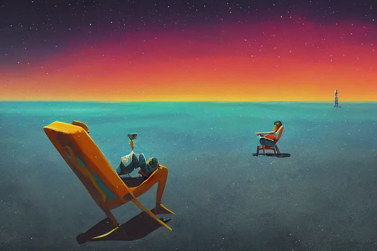 Image similar to astronaut sitting at the beach in a chair of an psychedelic alien planet watching the sunset, surreal photography, dark night, stars, moon light, impressionist painting, clouds, digital painting, artstation, simon stalenhag