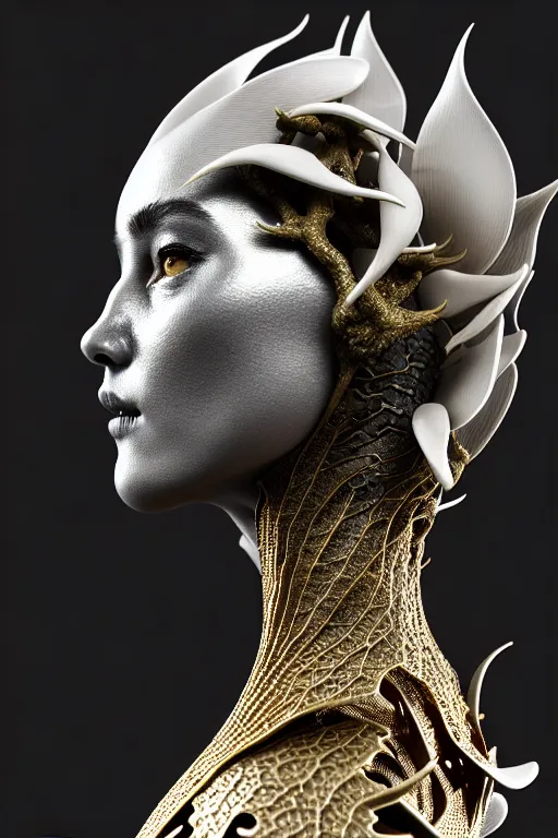 Image similar to bw close - up profile face, black background, beautiful young porcelain vegetal - dragon - cyborg - female, 1 5 0 mm, beautiful natural soft rim light, silver gold details, magnolia leaves and stems, roots, mandelbot fractal, elegant, ultra detailed, white metallic armour, octane render, h. r. giger style