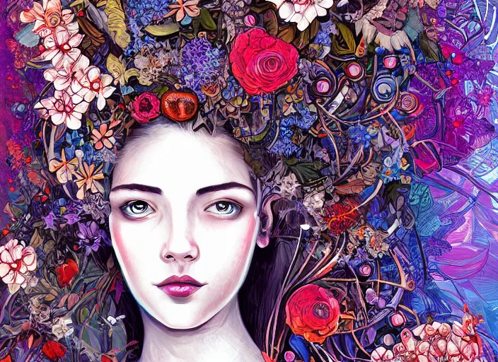 Prompt: a painting of a beautiful cyborg girl with a lot of flowers, blueberries and exotic plants on its head, poster art by android jones, behance contest winner, generative line art, made of flowers, grotesque, concert poster