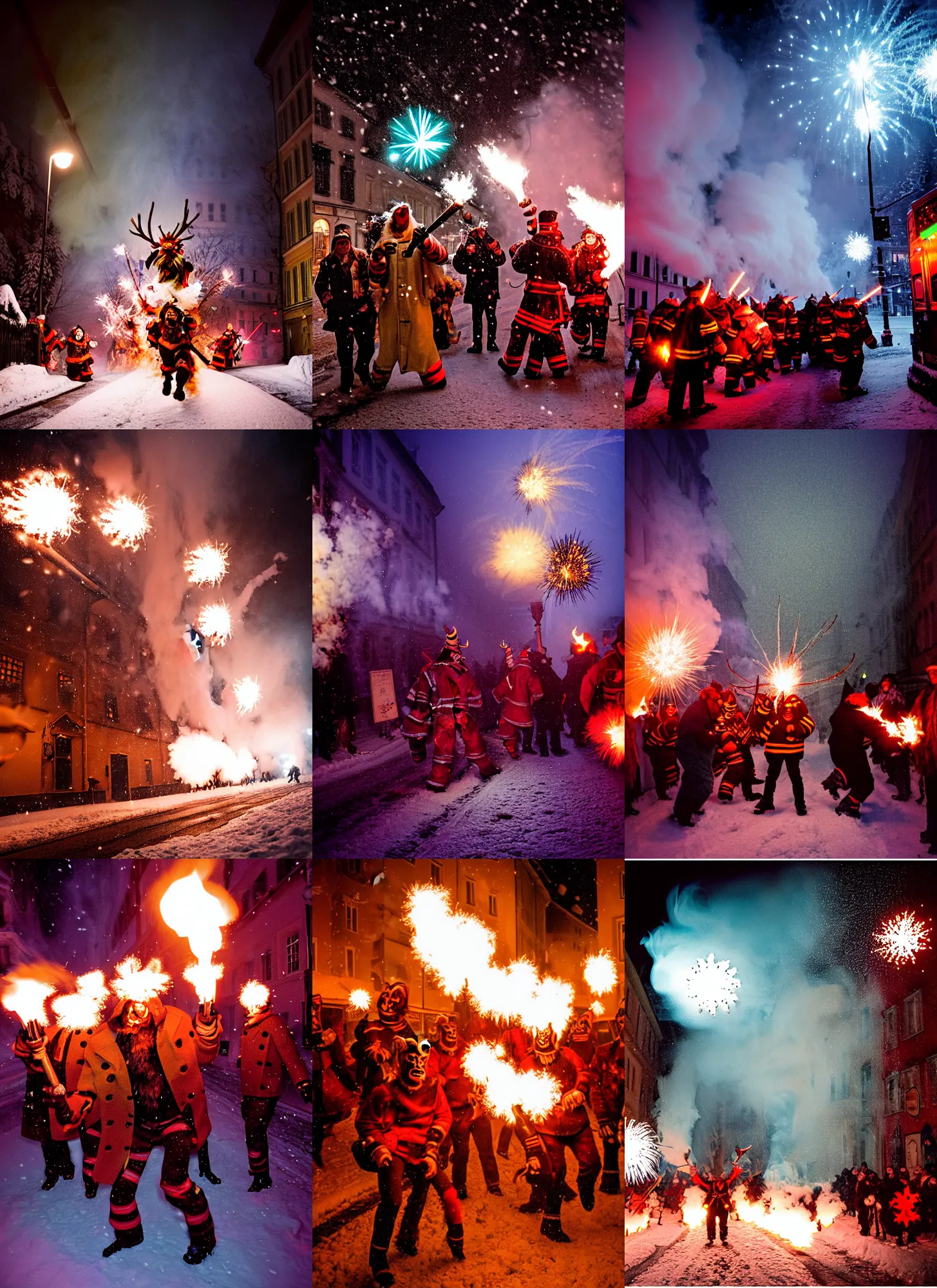 Image similar to kodak portra 4 0 0, winter, snowflakes, hellfire chaos, award winning dynamic photo of a bunch of hazardous krampus between exploding fire barrels by robert capas, motion blur, in a narrow lane in salzburg at night with colourful pyro fireworks and torches, teal lights