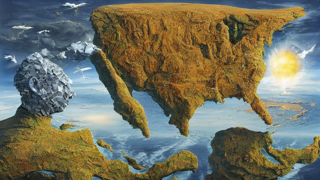 Image similar to surreal world map in the styles of igor morski, jim warren, and rob gonsalves, intricate, accurate geography, volumetric lighting, serene, imaginative