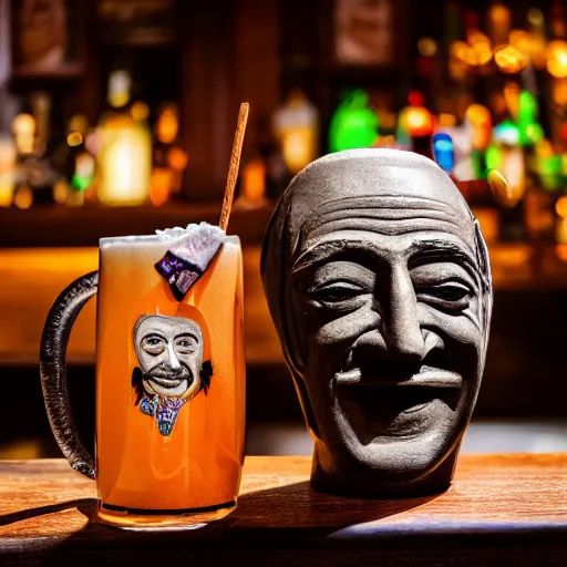 Image similar to a closeup photorealistic photograph of smiling salvador dali at trader vic's bar sitting next to a trader vic's style tiki mug featuring the face of salvador dali. tiki culture. bright scene. 4 k hd image that's trending on artstation, featured on behance, well rendered, extra crisp, features epic composition and the style of unreal engine.