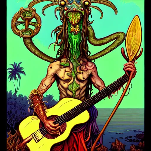 Prompt: amphibious pagan hippy god with crocodilian head and mantis wings. he holds a guitar and smokes a coconut pipe. vivid tones. smooth concept art, 4 k matte portrait by rebecca guay and dan mumford, trending on artstation, pagan wicca. delightful charming digital painting