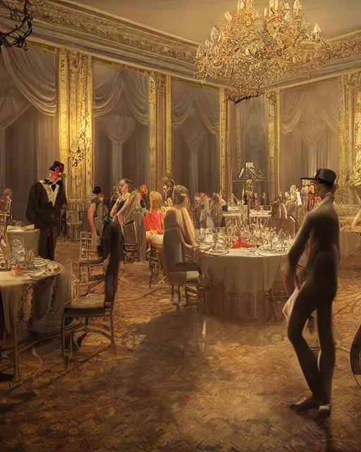 Prompt: rococo digital painting of a 1 9 2 0 s grand party in a beautiful mansion, many partygoers, unreal engine, hyper realism, realistic shading, cinematic composition, realistic render, octane render, detailed textures, photorealistic, ultrawide shot, 3 5 mm film