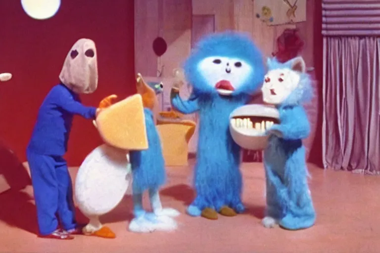 Prompt: color still frame from a surreal 1979 children's tv show with furry ghost, captain dad, and sad cheese puppet playing in a band