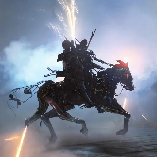 Prompt: The charge of the light brigade with robotic horses, steampunk, dramatic lighting, heavy weapons fire, light fog, by Makoto Shinkai and Ruan Jia