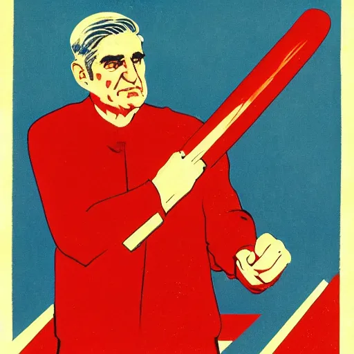 Image similar to soviet propaganda of robert mueller holding a hammer and sickle in realistic collective farm