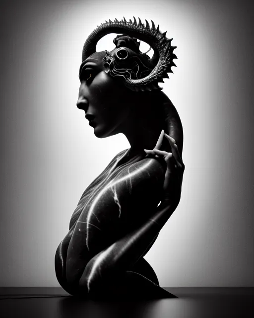 Prompt: surreal mythical dreamy dark artistic black and white fine art photo of a beautiful young marble sculpture of a female - orchid - dragon - cyborg with a luminous brain, rim light, cinematic, studio dramatic light, poetic, octane render, 8 k, photo - realistic, by floria sigismondi and dora maar