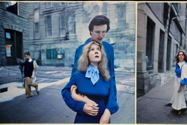 Prompt: film photography, 35mm, 1970s, no faces, no portraits, close-up love and romantic in blue colors feeling of young and freedom, in style of Joel Meyerowitz