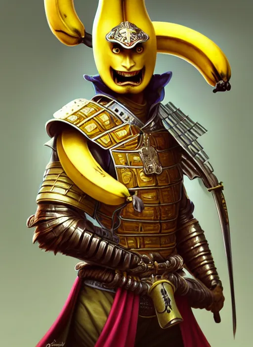 Image similar to a anthropomorphic banana wearing samurai armor, diffuse lighting, fantasy, intricate, elegant, highly detailed, lifelike, photorealistic, digital painting, artstation, illustration, concept art, smooth, sharp focus, art by frank frazetta and marco bucci and loish and rossdraws and artgerm and alphonse mucha