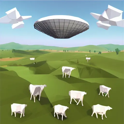 Prompt: aerial view low poly ufo flying over and abducting cows from a pasture. cows casting shadows. in style of patrick nagel