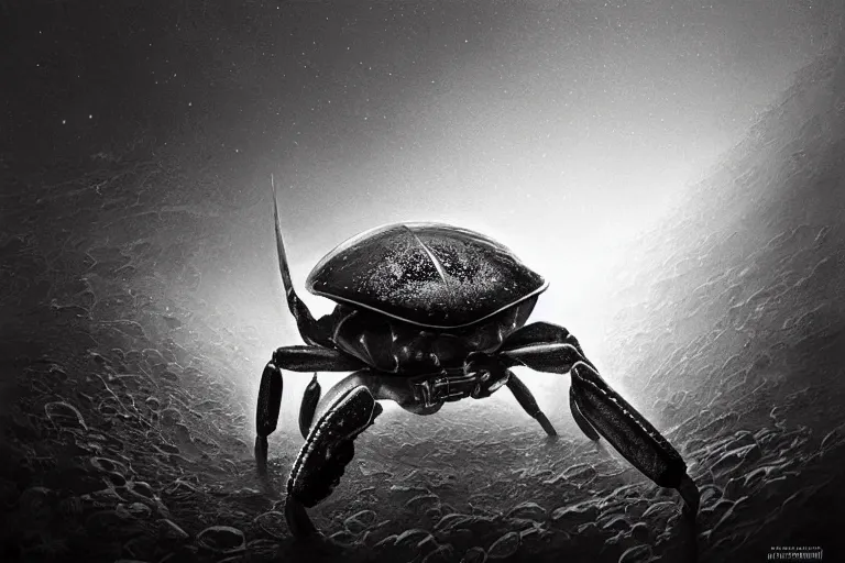 Prompt: holy fiddler crab, art by noriyoshi ohrai and john harris, trending on artstation, iridescent turquoise lighting macro view black and white, steampunk, fractalism, framed by swordwine, photorealism