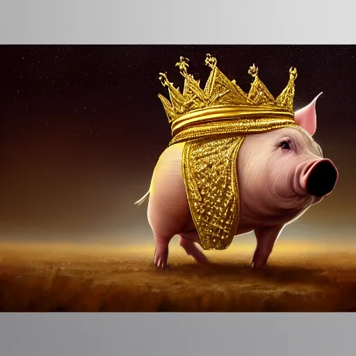 Image similar to an epic painting of a proudly standing pig wearing a gold crown, oil on canvas, golden hour, perfect composition, golden ratio, beautiful detailed, photorealistic, digital painting, artstation, concept art, smooth, sharp focus, illustration, fantasy background, artstation trending, octane render, unreal engine