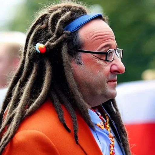 Prompt: François Hollande with dreadlocks, lots of dreadlocks on the head, short dreadlocks with beads