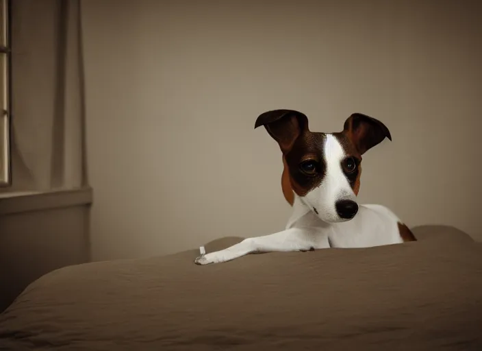 Image similar to photography of a jack russel. watching outside the window. on a bed. in a vintage room full of vinyls and posters., volumetric light, photorealistic,, award winning photo, 1 0 0 mm, sharp, high res